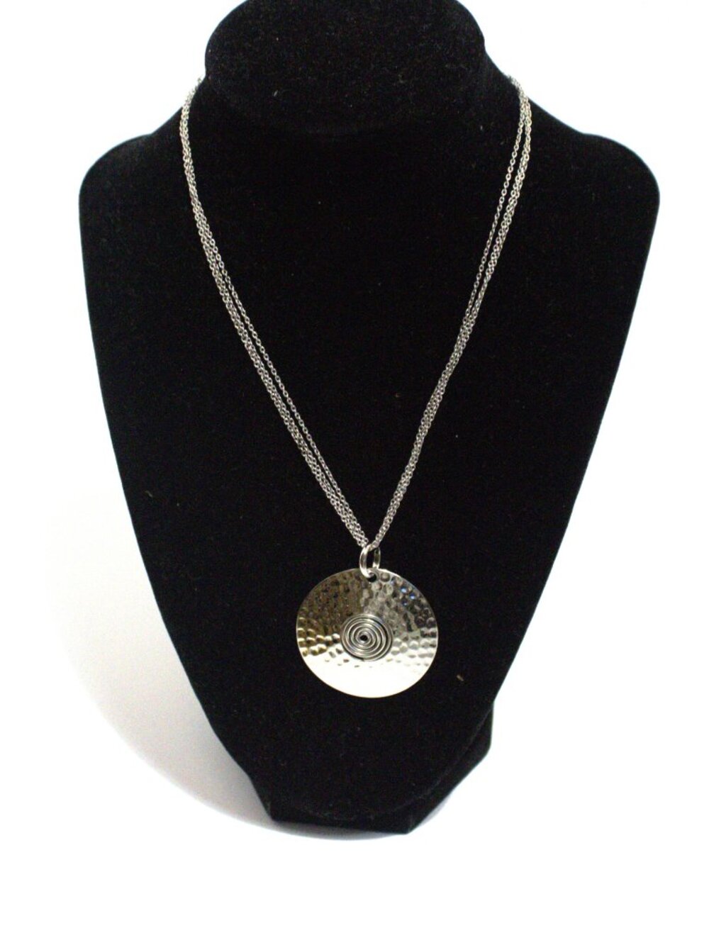 Silver Necklace with Hammered Pendant, three strands with Lobster Claw 16'